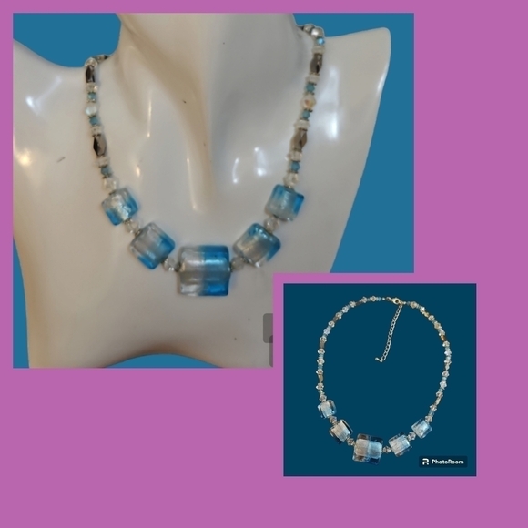 Vintage Aurora Borealis Crystal Lampwork Foil Glass Square Beaded Necklace - Picture 1 of 9